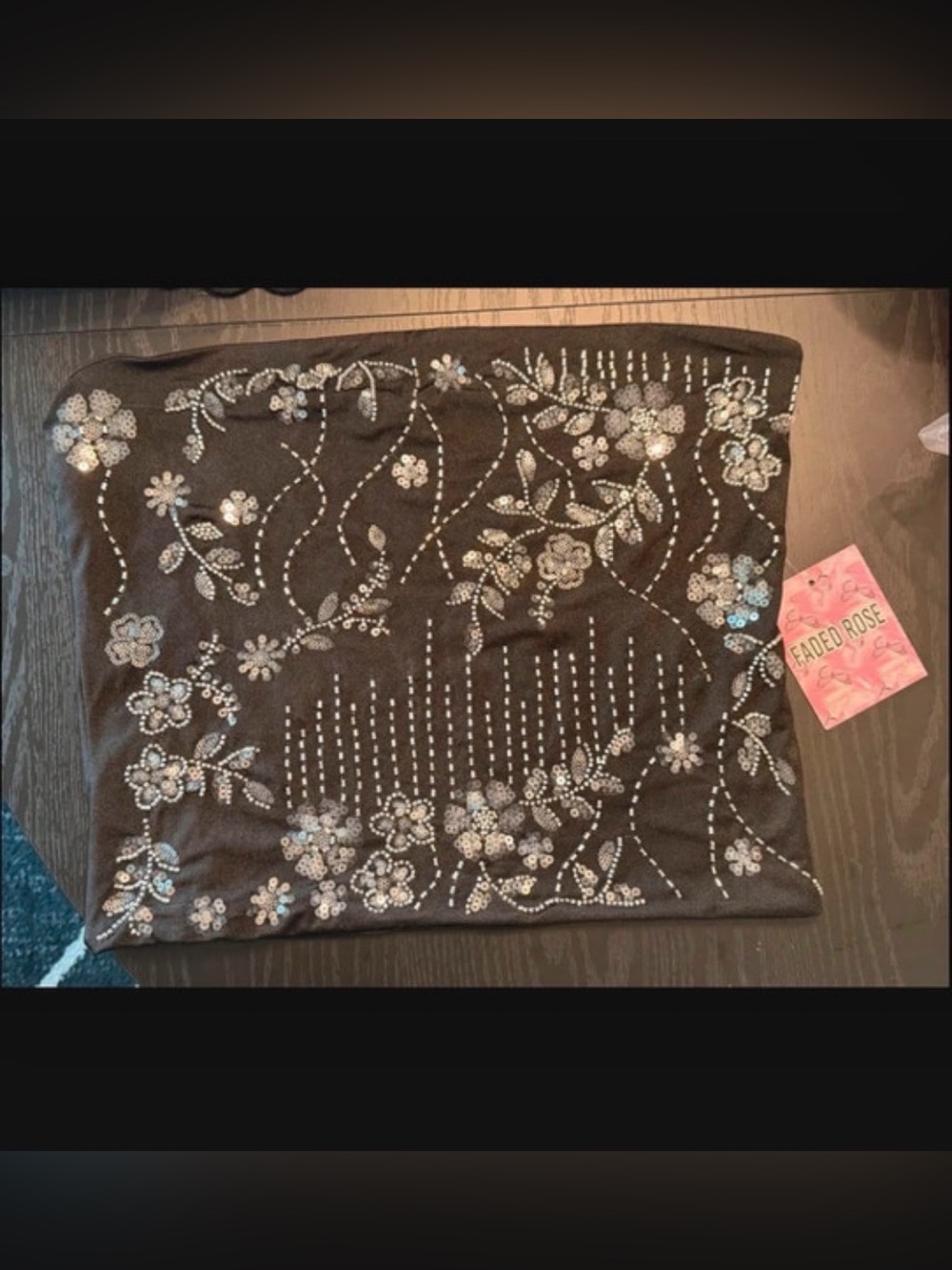 Y2k Faded Rose Beaded Embellished Black Top - XL